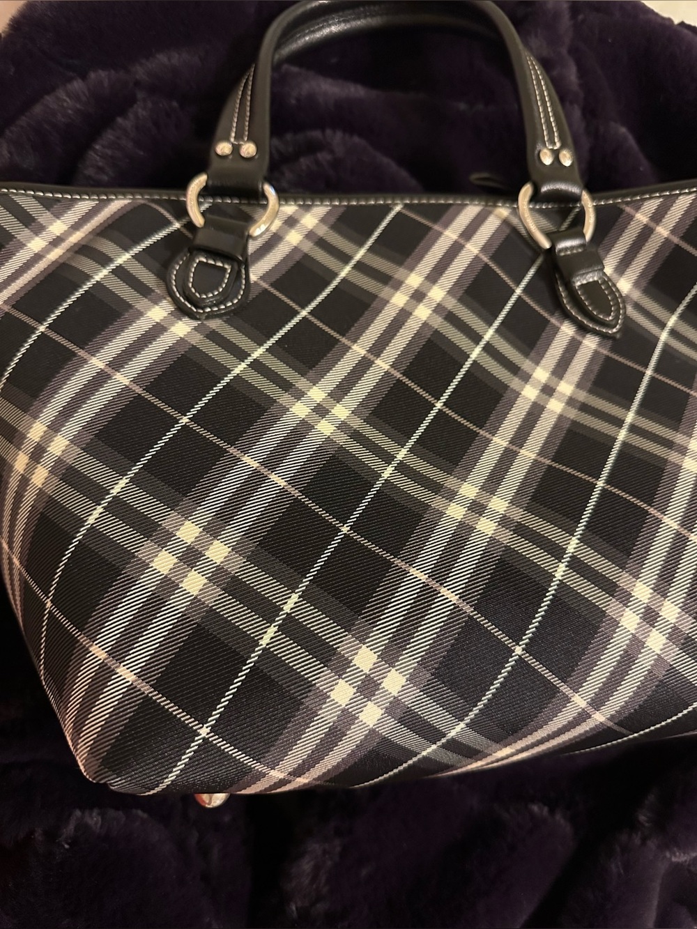 BURBERRY Blue Label Nova Check Nylon & leatherTote Bag- black & white HW silver
